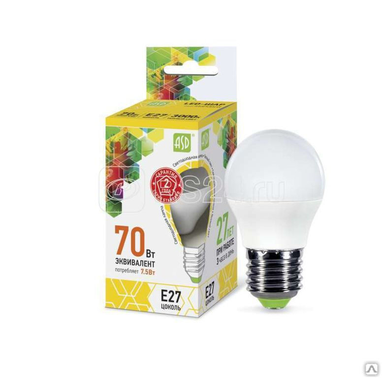 Лампа светодиодная LED-шар-standard 7.5Вт шар 3000К тепл. бел. E27 675лм