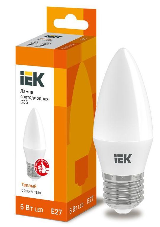 Лампа светодиодная ECO C35 5 Вт свеча 3000К тепл. бел. E27 450 лм 230-240В IEK LLE-C35-5-230-30-E27
