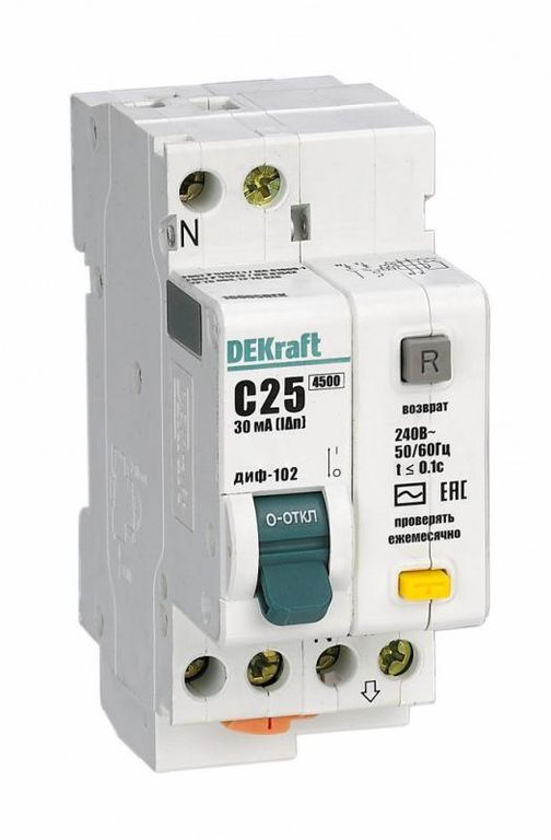 Выключатель автоматический дифференциального тока 2п (1P+N) C 25 А 30мА тип AC 4.5кА ДИФ-102 2мод. DEKraft 16005DEK