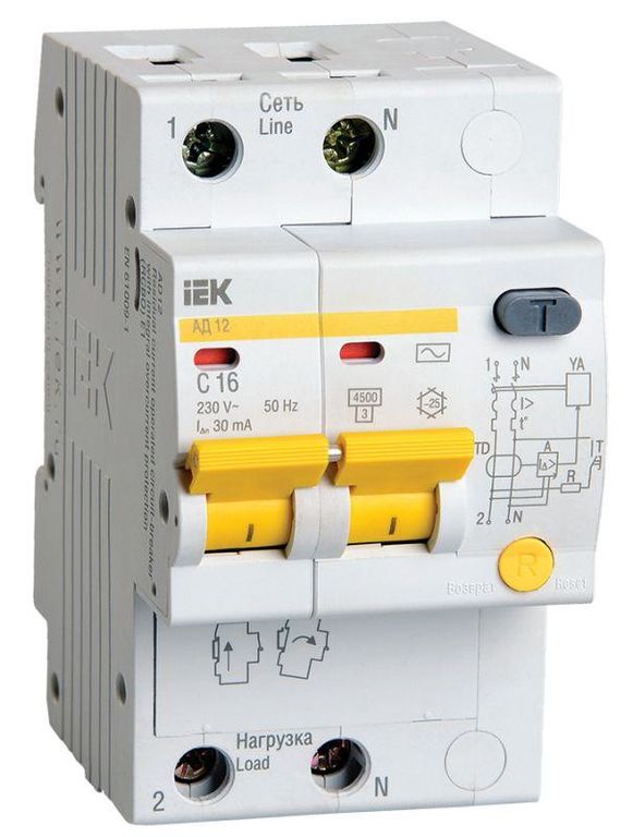 Выключатель автоматический дифференциального тока 2п C 16 А 30мА тип AC 4.5кА АД-12 IEK MAD10-2-016-C-030