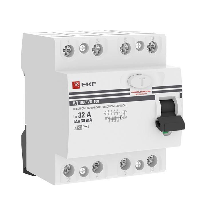 Выключатель дифференциального тока (УЗО) 4п 32 А 30мА тип AC ВД-100 (электромех.) PROxima EKF elcb-4-32-30-em-pro