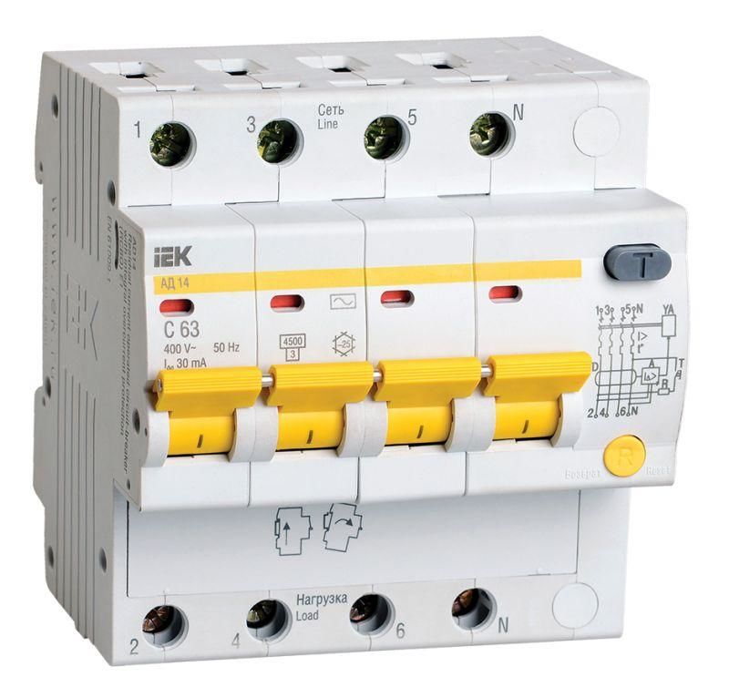 Выключатель автоматический дифференциального тока 4п C 63 А 30мА тип AC 4.5кА АД-14 IEK MAD10-4-063-C-030