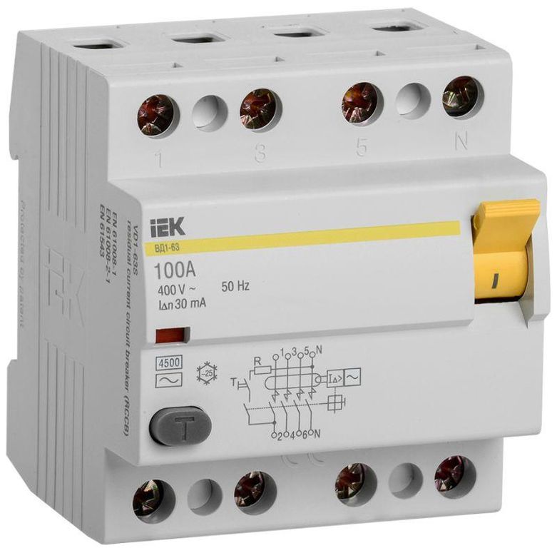 Выключатель дифференциального тока (УЗО) 4п 100 А 30мА тип AC ВД1-63 IEK MDV10-4-100-030