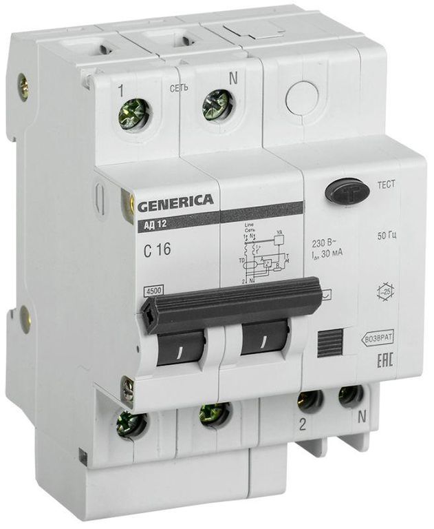 Выключатель автоматический дифференциального тока 2п 16 А 30мА АД12 GENERICA MAD15-2-016-C-030