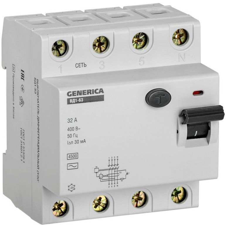 Выключатель дифференциального тока (УЗО) 4п 32 А 30мА тип AC ВД1-63 GENERICA MDV15-4-032-030