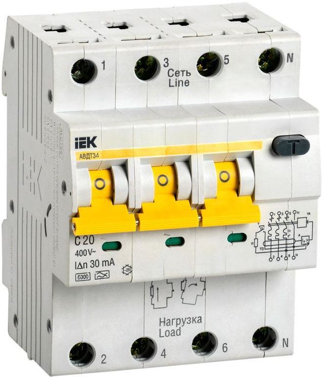 Выключатель автоматический дифференциального тока 4п C 20 А 30мА тип A 6кА АВДТ-34 IEK MAD22-6-020-C-30