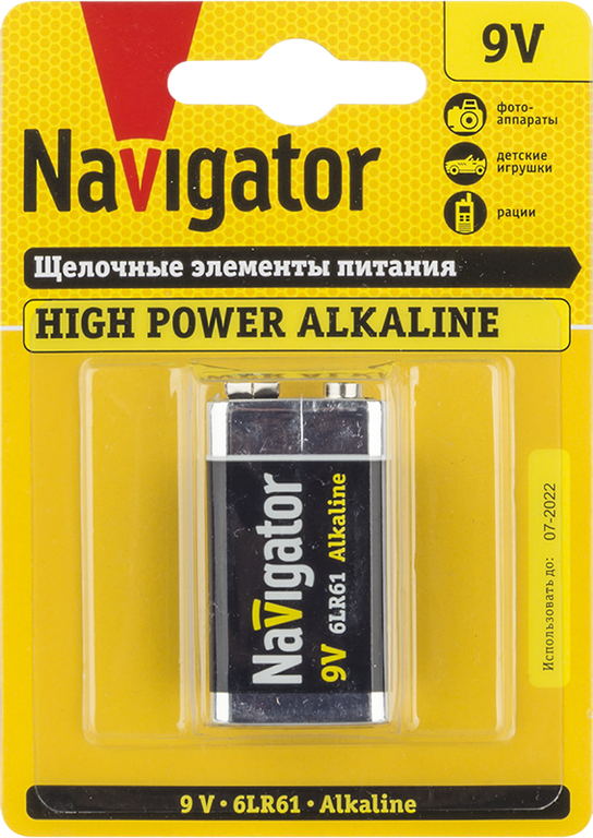 Элемент питания алкалиновый "крона" 6LR61 94 756 NBT-NE-6LR61-BP1 (блист.1шт) NAVIGATOR 94756 Navigator