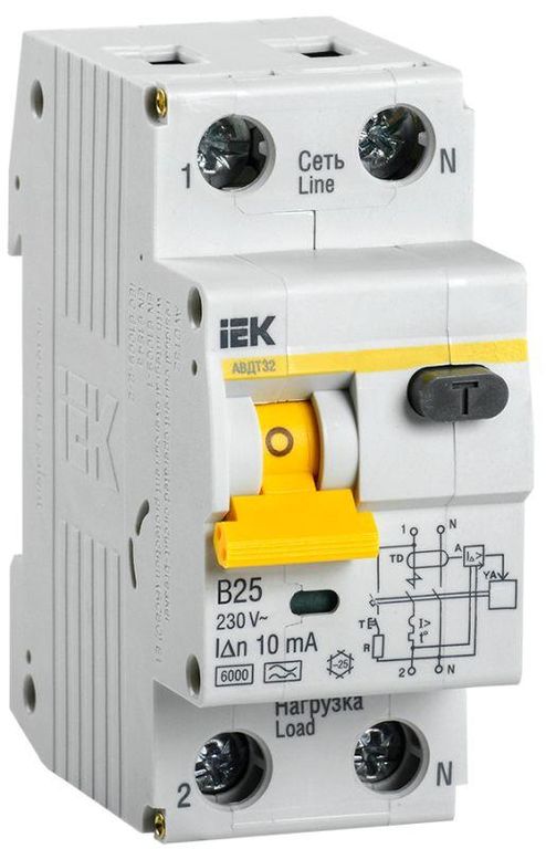 Выключатель автоматический дифференциального тока 2п (1P+N) B 25 А 10мА тип A 6кА АВДТ-32 IEK MAD22-5-025-B-10