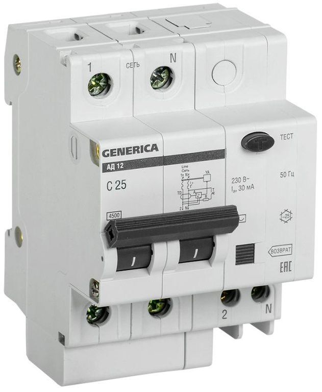 Выключатель автоматический дифференциального тока 2п 25 А 30мА АД12 GENERICA MAD15-2-025-C-030