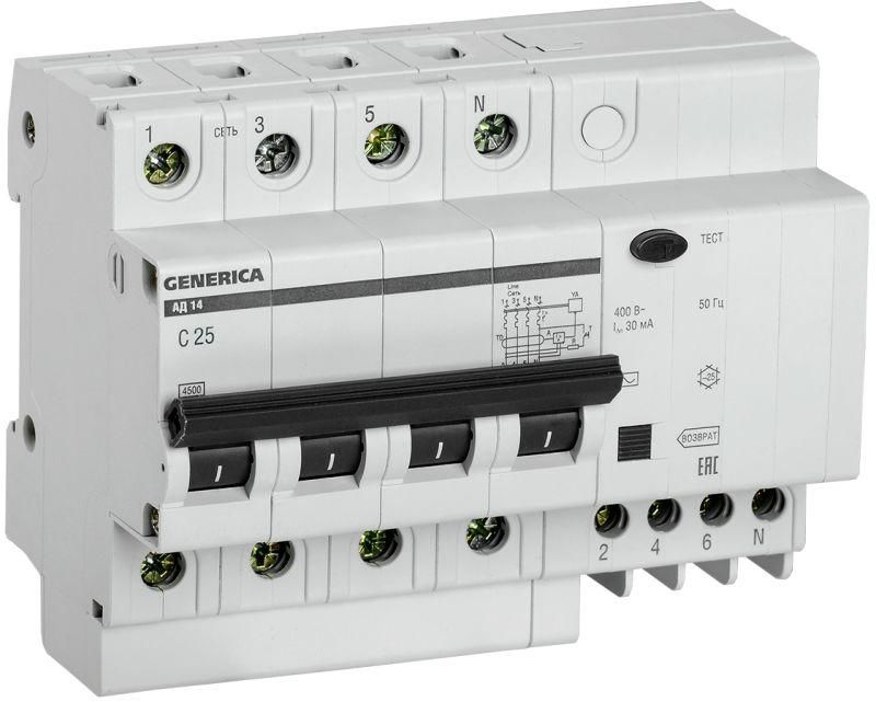 Выключатель автоматический дифференциального тока 4п 25 А 30мА АД14 GENERICA MAD15-4-025-C-030