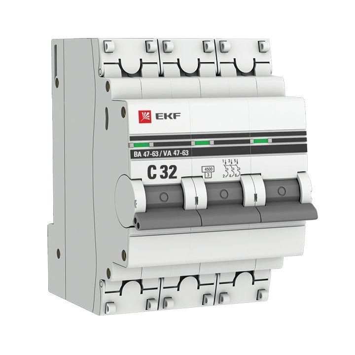 Выключатель автоматический модульный 3п C 32 А 4.5кА ВА 47-63 PROxima EKF mcb4763-3-32C-pro