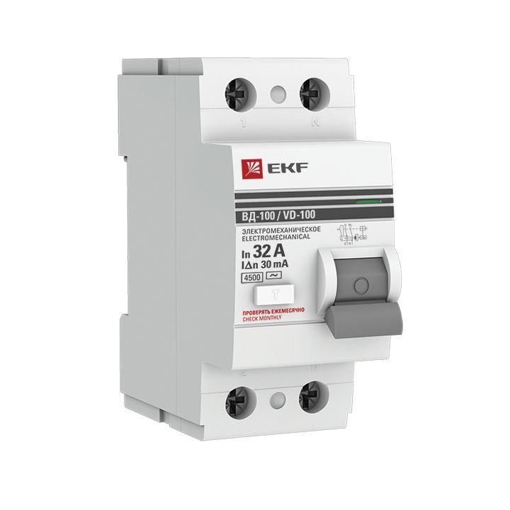 Выключатель дифференциального тока (УЗО) 2п 32 А 30мА тип AC ВД-100 (электромех.) PROxima EKF elcb-2-32-30-em-pro
