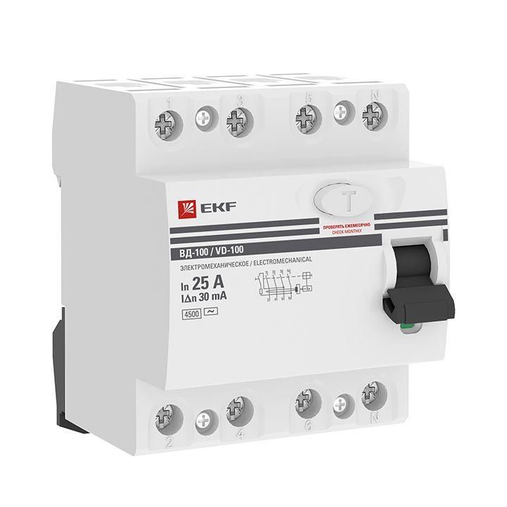 Выключатель дифференциального тока (УЗО) 4п 25 А 30мА тип AC ВД-100 (электромех.) PROxima EKF elcb-4-25-30-em-pro