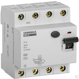 Выключатель дифференциального тока (УЗО) 4п 25 А 30мА тип AC ВД1-63 GENERICA MDV15-4-025-030 
