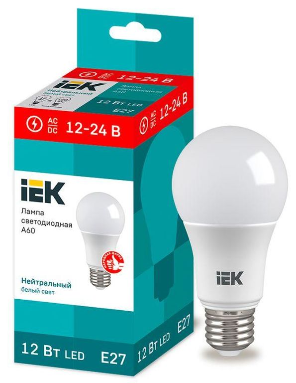 Лампа светодиодная A60 шар 12 Вт 12-24В 4000К E27 (низковольтная) IEK LLE-A60-12-12-24-40-E27