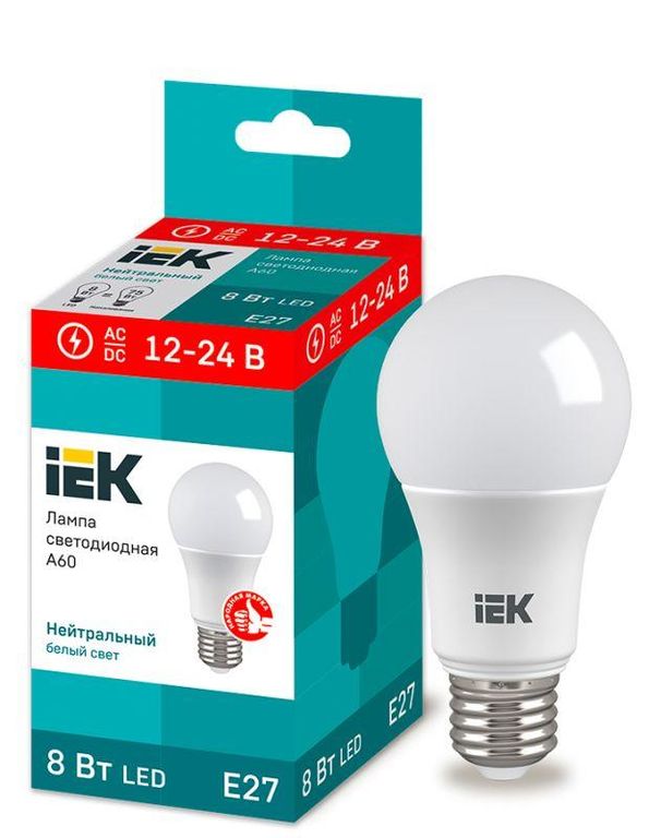 Лампа светодиодная A60 шар 8 Вт 12-24В 4000К E27 (низковольтная) IEK LLE-A60-08-12-24-40-E27