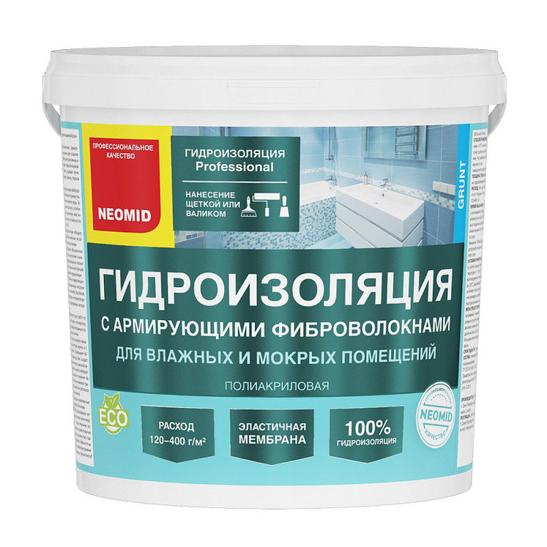 Гидроизоляция с фиброволокнами для влажных и мокрых помещений Неомид (3 кг)