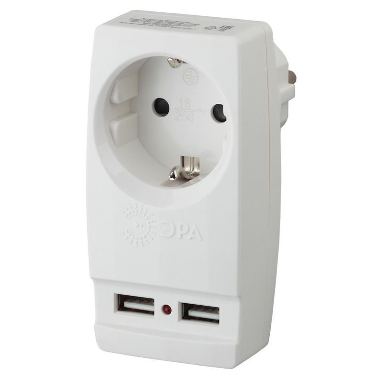Адаптер ЭРА Polynom 1 гнездо 220V + 2xUSB c заземлением белый (SP-1e-USB-W)