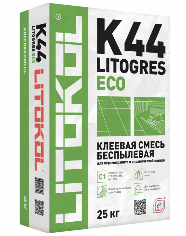 Клей для керамогранита, клинкера "LITOKOL" LITOGRES K44 ECO Серый, 25 кг.
