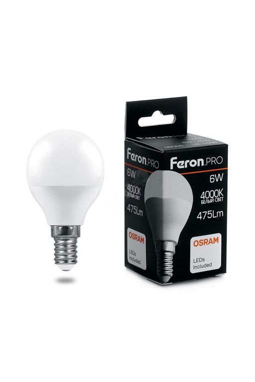 Лампа светодиодная 6W 230V E14 4000K G45, Feron.PRO OSRAM LB-1406